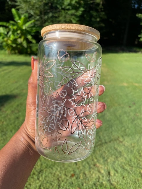 Autumn Splendor Glass Can Tumbler Set - 16oz with Bamboo Lids & Straws
