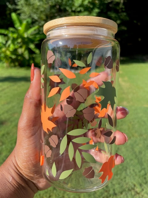 Autumn Splendor Glass Can Tumbler Set - 16oz with Bamboo Lids & Straws