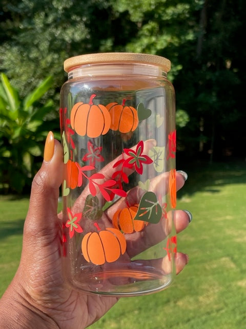 Autumn Splendor Glass Can Tumbler Set - 16oz with Bamboo Lids & Straws
