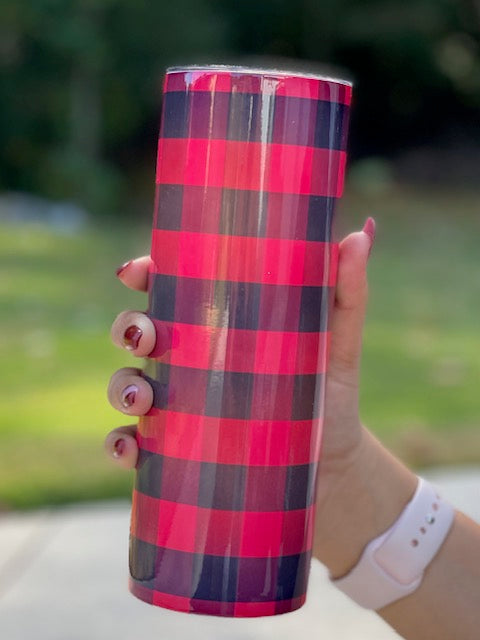 20oz black and red buffalo plaid  stainless steel tumbler