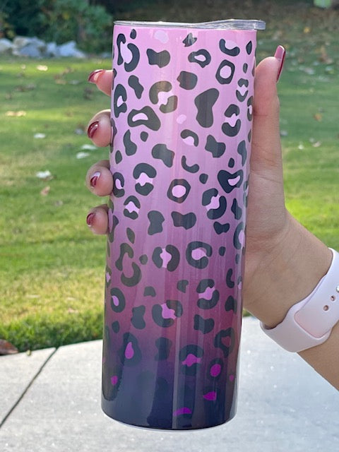 Pink to deep dark purple ombre stainless tumbler with cheetah print all over 